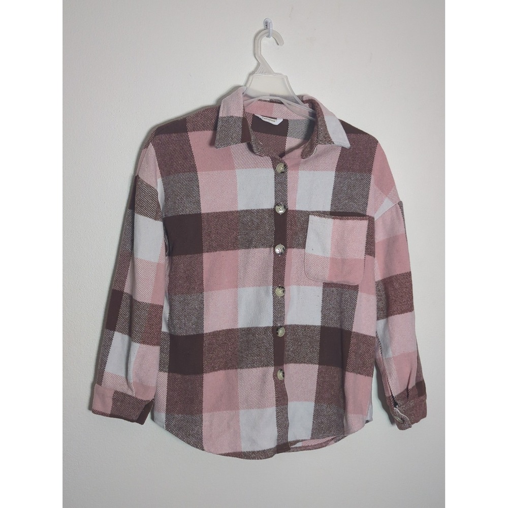 Womens Pink Brown Plaid Flannel Shacket Button Up Shirt Jacket Medium